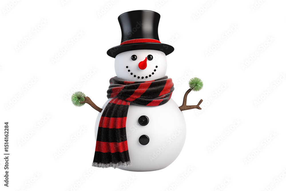Charming Snowman in Top Hat & Scarf: Festive Winter Holiday Decoration isolated on transparent background png Charming Snowman in Top Hat & Scarf: Festive Winter Holiday Decoration isolated on transparent background png