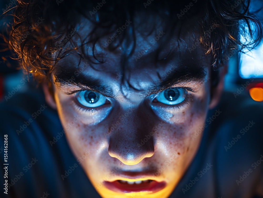 Intense gaze of a young man with freckles under dramatic blue and orange lighting Intense gaze of a young man with freckles under dramatic blue and orange lighting