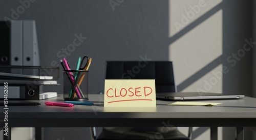 3D Rendered Image Business Closed Sign Atop Desk Office Equipment