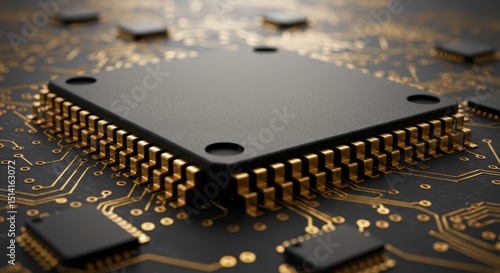 3d Rendering Tech Microchip Integrated Circuit Board Golden Pathways
