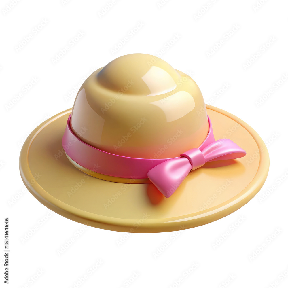 Fototapeta premium Yellow Straw Hat with Pink Band 3d icon in cartoon plastic style minimal isolated on transparent white background, clipping path