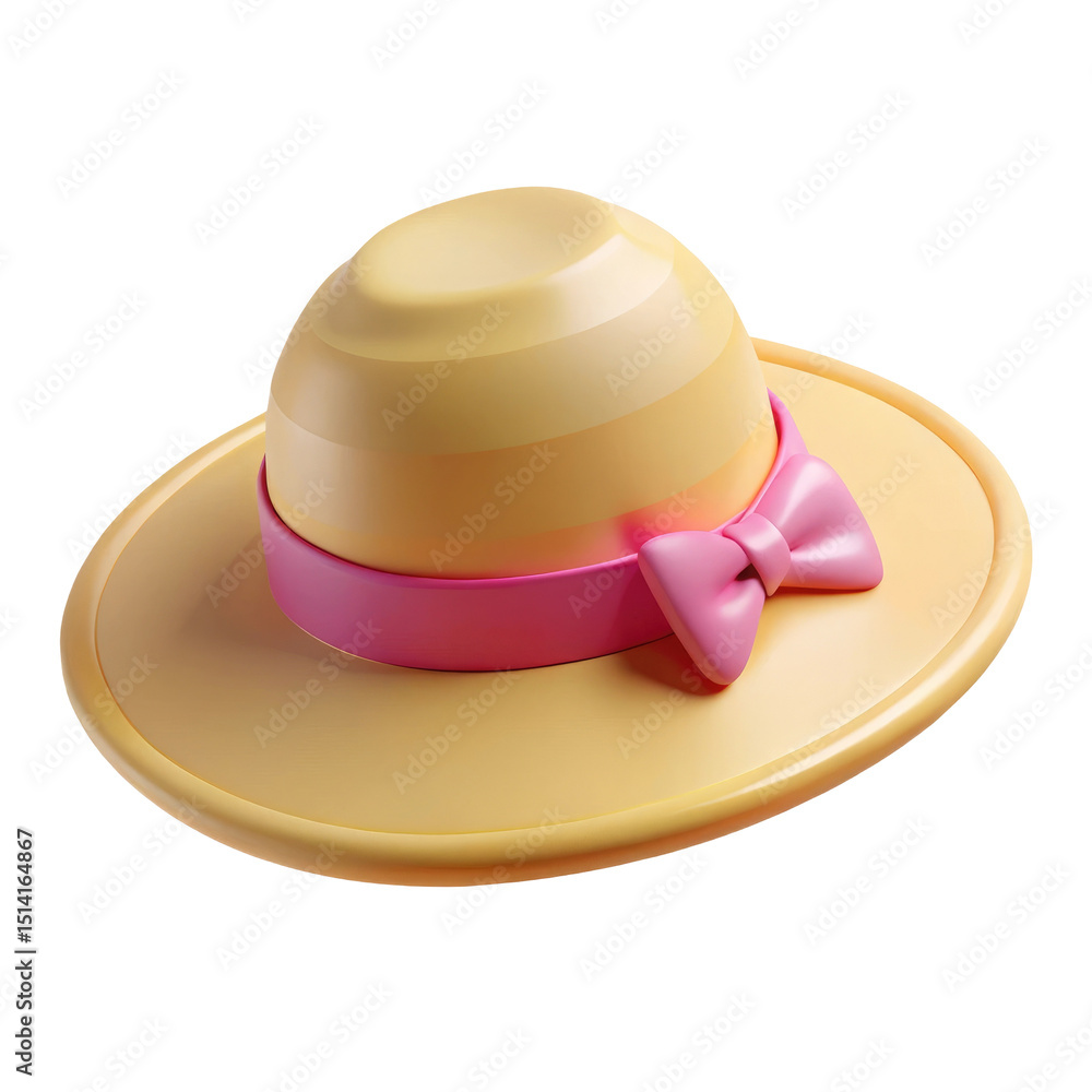 Fototapeta premium Yellow Straw Hat with Pink Band 3d icon in cartoon plastic style minimal isolated on transparent white background, clipping path