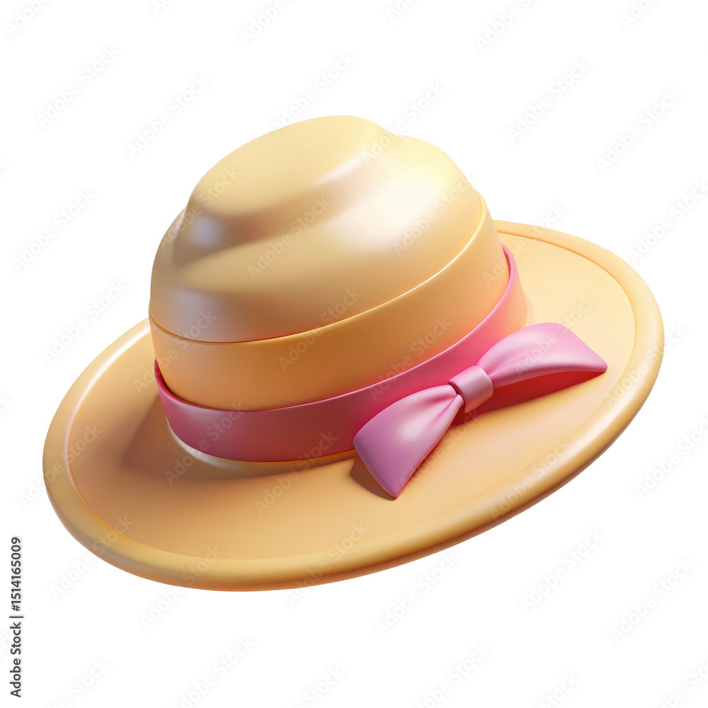 Fototapeta premium Yellow Straw Hat with Pink Band 3d icon in cartoon plastic style minimal isolated on transparent white background, clipping path