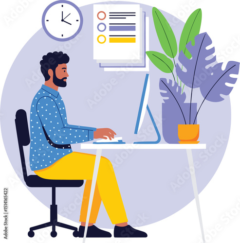 Work on the computer concept. Vector cartoon illustration of a young black man who performs the tasks assigned to him while working on a computer. Isolated on white