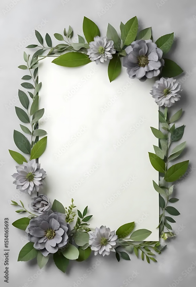 Elegant floral border featuring gray blooms and lush green foliage backdrop Elegant floral border featuring gray blooms and lush green foliage backdrop