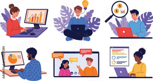 Computer work concepts. Vector illustration of a set of cartoon diverse business people in a flat style working at a computer or laptop in different directions: research, statistics, tasks, etc