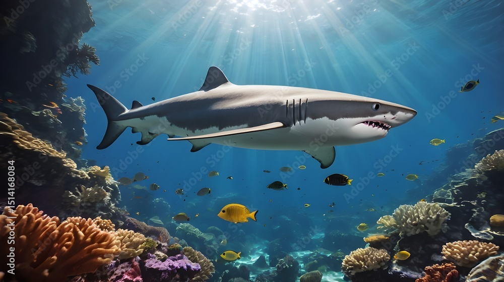 Fototapeta premium Great White Shark Swimming Over Coral Reef in Clear Blue Ocean