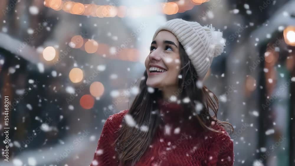 Winter Joy: A young woman smiles, illuminated by festive lights and surrounded by falling snow. The serene expression and cozy attire evoke warmth and holiday cheer. Winter Joy: A young woman smiles, illuminated by festive lights and surrounded by falling snow. The serene expression and cozy attire evoke warmth and holiday cheer.
