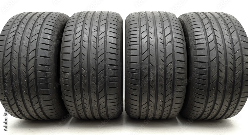 Obraz premium Automotive Photo of Four Black Car Tires Rubber Treads on White