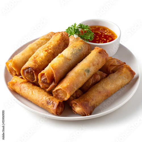 crispy lumpia neatly arranged on a white ceramic plate over a pure white background