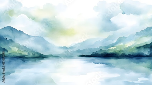 Misty mountain landscape with tranquil lake.