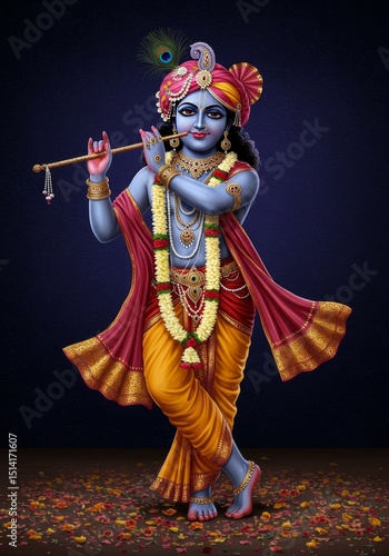 Detailed Illustration of Lord Krishna with Flute Divine Deity