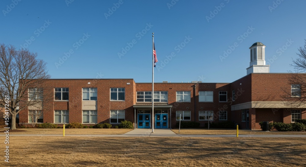 Obraz premium Exterior View of a Two Story Brick School Building Under Blue Sky