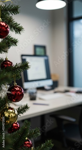 Festive Christmas Tree Adorns Modern Office Interior for Holiday Season
