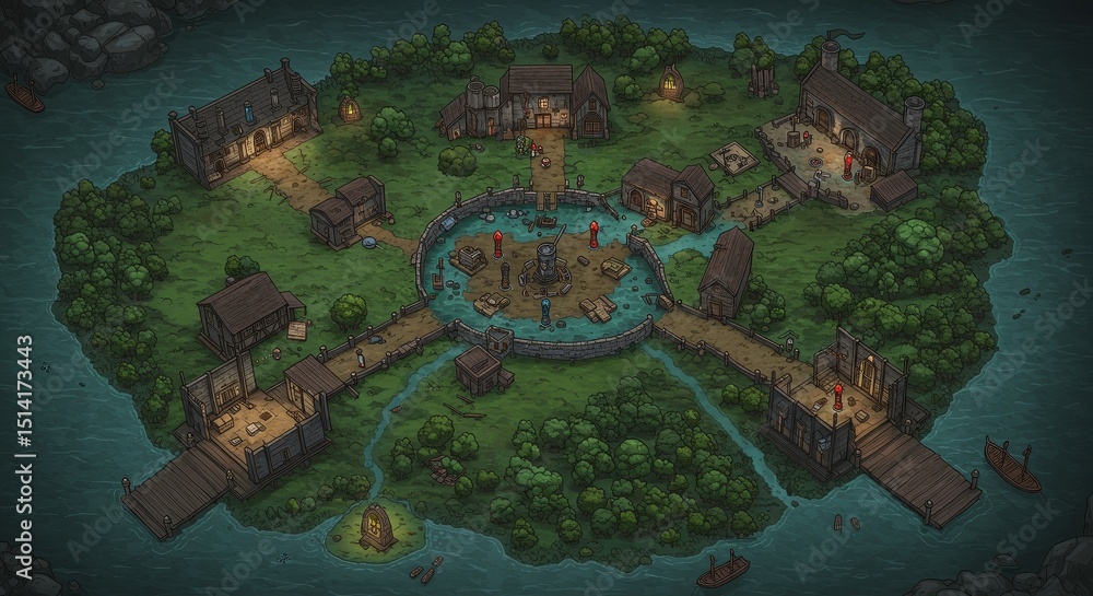 Naklejka premium Detailed Illustration of Fantasy Island Village Settlement Map Aerial View