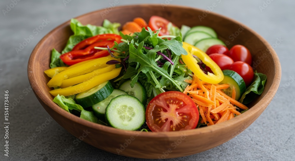Fresh Salad Photo Featuring Healthy Vegetables in Wood Bowl Fresh Salad Photo Featuring Healthy Vegetables in Wood Bowl