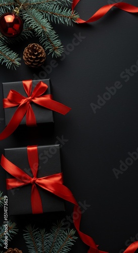 Festive Christmas Gifts With Red Ribbon On Black Background