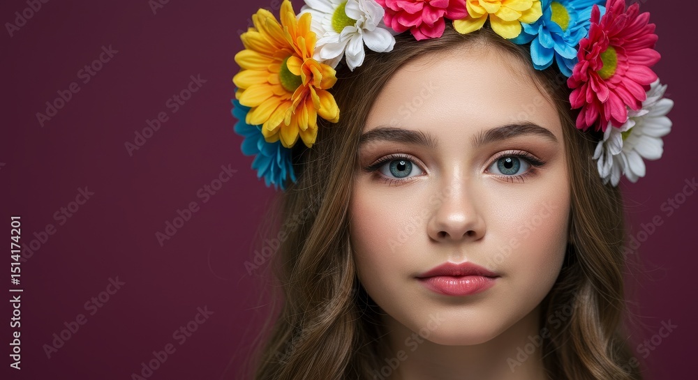 Naklejka premium Floral Portrait of Young Woman with Colorful Flower Crown Beauty