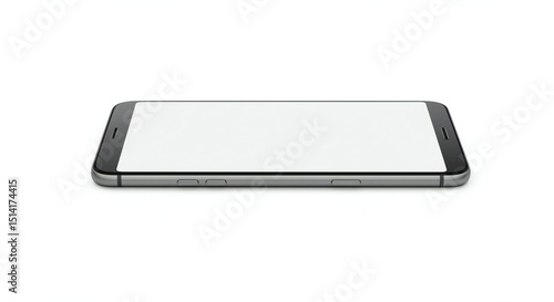 A flat smartphone on a white surface, displaying a blank screen; characterized by a slim profile, grey metal edges, and a minimalist design.