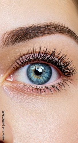 Close-up Macro Photo of a Woman's Blue Eye with Eyelash and Brow