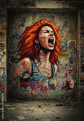Graffiti Portrait Intense Redhead Woman Shouting Against City Wall Art