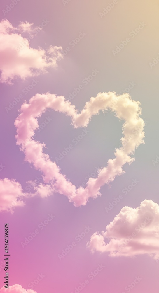 Naklejka premium Illustration Heart Shaped Clouds in Pastel Sky Love and Peace