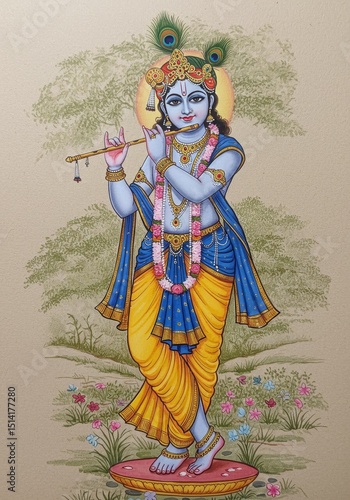 Illustration of Krishna God Playing Flute with Indian Traditional Style