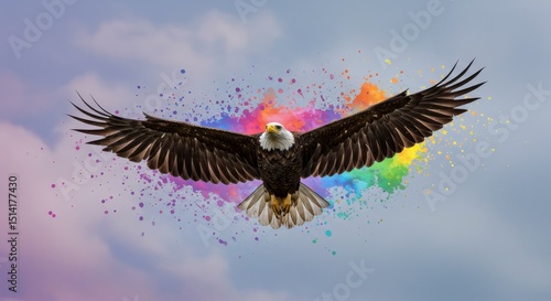 Illustration of an Eagle in Flight with Colorful Cloud Background