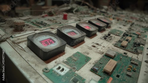 Dust covers the operational panel of a vortex mill, displaying digital readouts and dials that monitor temperature and pressure, indicating a state of disuse or abandonment