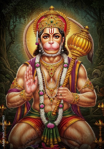 Illustration of Powerful Hanuman an Indian Deity Golden Crown and Mace