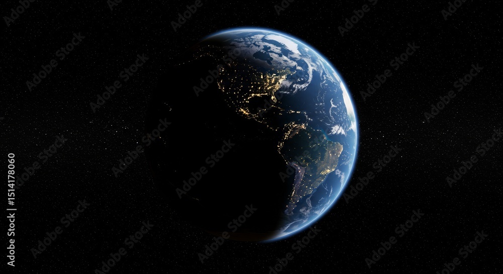 Obraz premium Illustration of Earth from Space Showcasing Night Lights and Continents