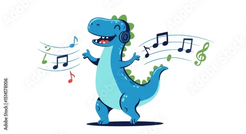 Cute Pixel Art Dinosaur Enjoys Music Headphones in Cheerful Illustration