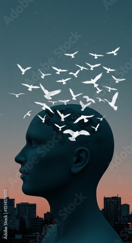 Illustration of Head Silhouette with Flying Birds Over Urban Backdrop