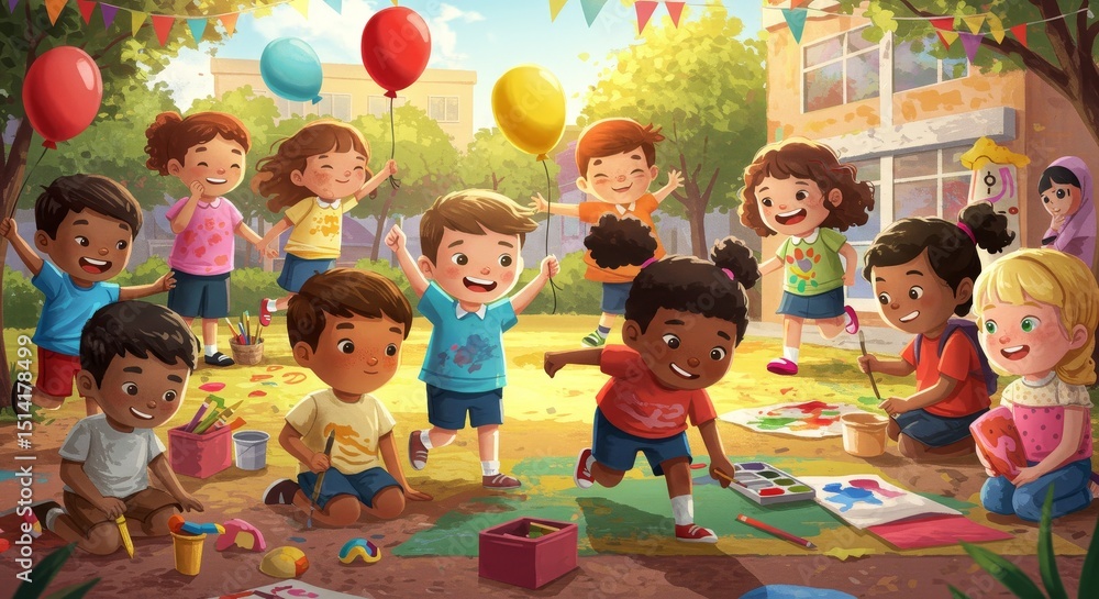 Fototapeta premium Illustration of Kids Celebrating Outdoors with Balloons at School