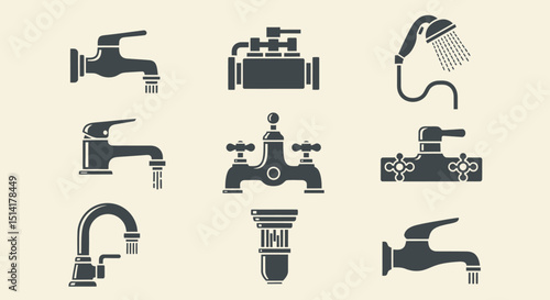 Collection of Various Faucets Shower Head and Plumbing Fixtures in Dark Gray