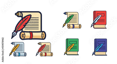 Colorful Illustrations of Scrolls and Books with Quill Pens