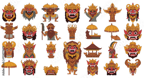 Collection of Balinese Barong Masks Figures and Structures Illustration