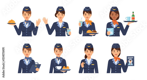 Diverse Flight Attendants in Uniform Serving Passengers with Food and Drinks