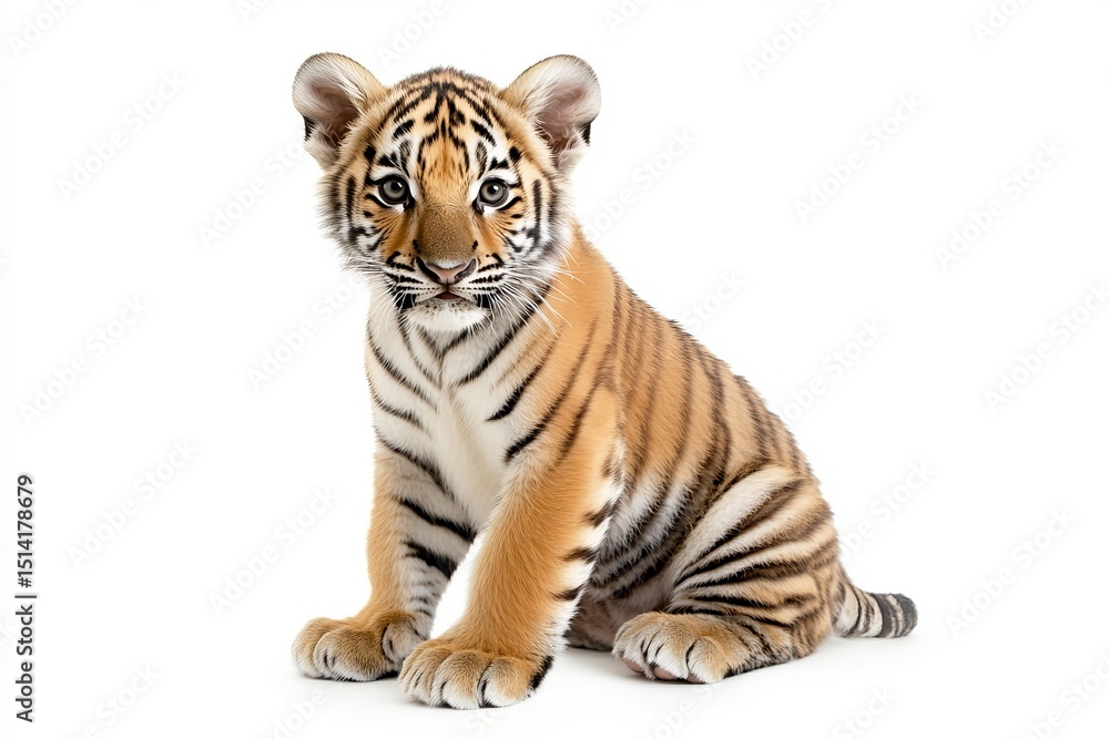 Obraz premium Cute baby tiger sitting against white background with curious expression and soft fur texture