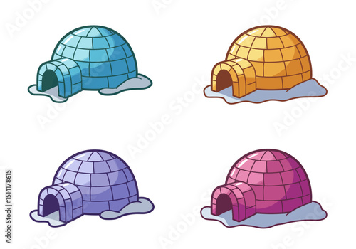 Four Colorful Cartoon Igloos with Snow Bases and Tunnel Entrances
