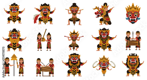 Balinese Dancers and Musicians in Traditional Costumes and Masks