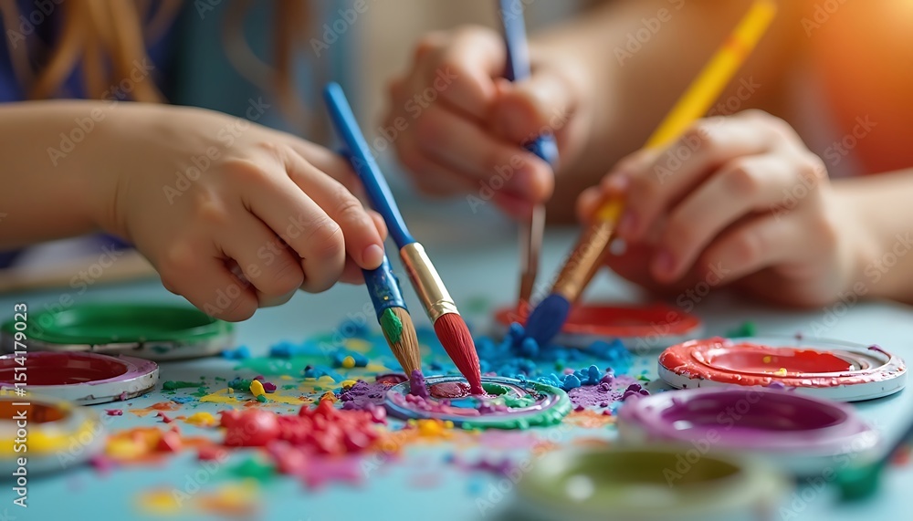 Naklejka premium Children Painting Colorful Art Project with Paintbrush and Paint Containers