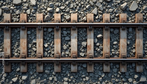 Overhead view depicts railway tracks featuring aged wooden ties set amidst ballast stones up close.