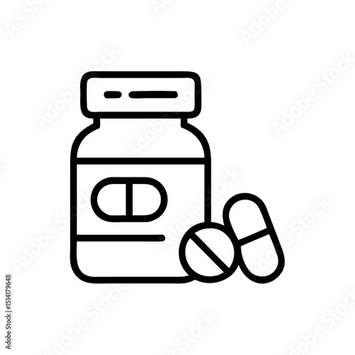Bottle of multivitamins with pills in minimalist outline style  