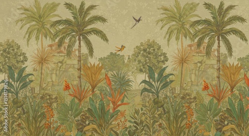 Illustration Tropical Mosaic Background with Palm Trees and Exotic Plants