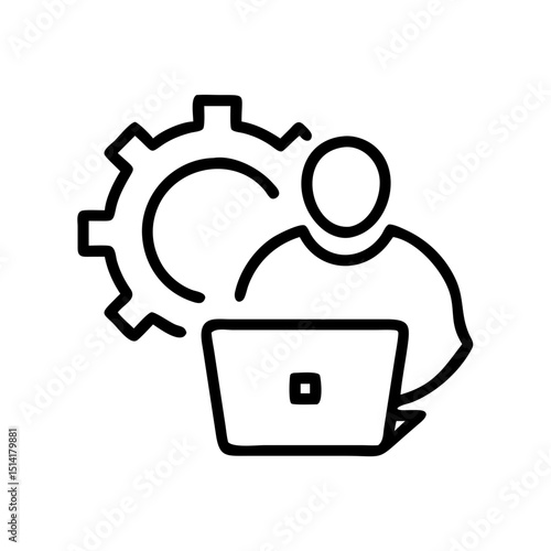 Line drawing of a person using laptop with gear symbol behind  