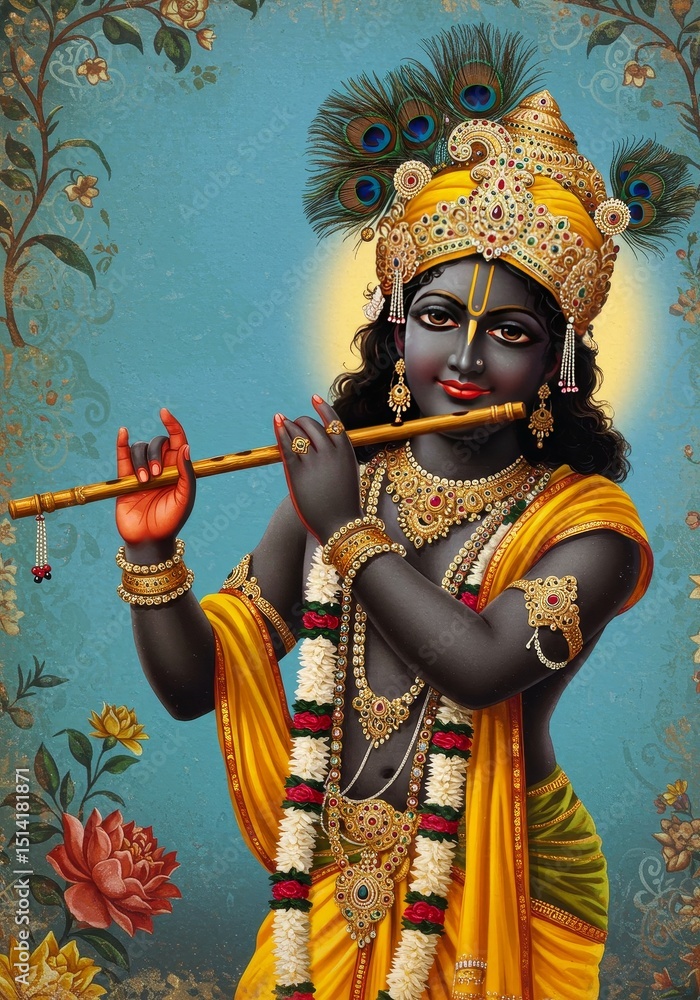 Obraz premium Illustration Of Lord Krishna Playing Flute Divine Art With Crown