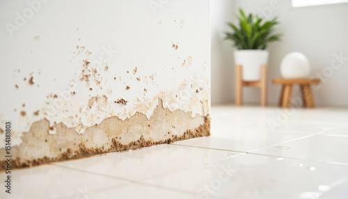Mold growth on wall corner in modern interior with plant  