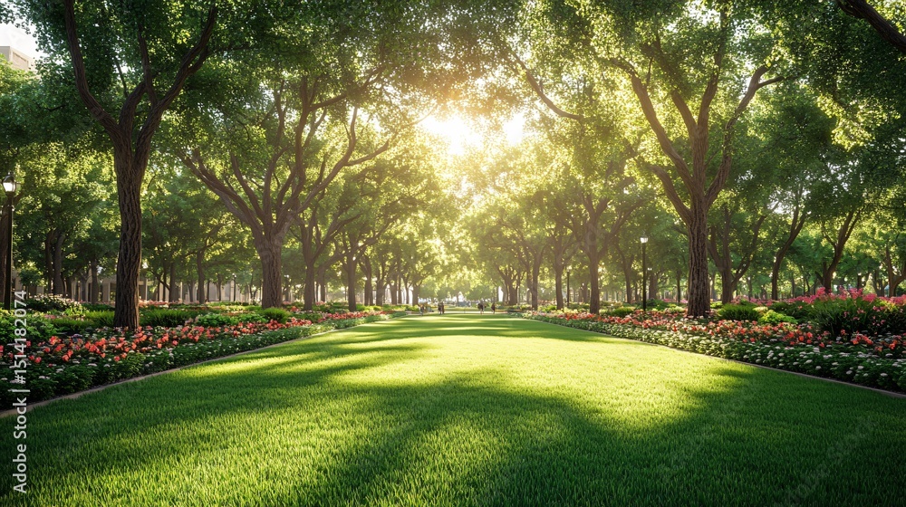 Fototapeta premium Sunlit Park Path with Green Trees.