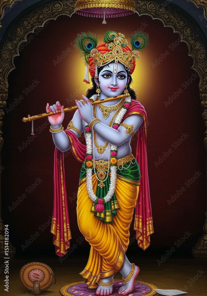 Fototapeta premium Illustration of Ornate Krishna Playing Flute with Peacock Feather Crown